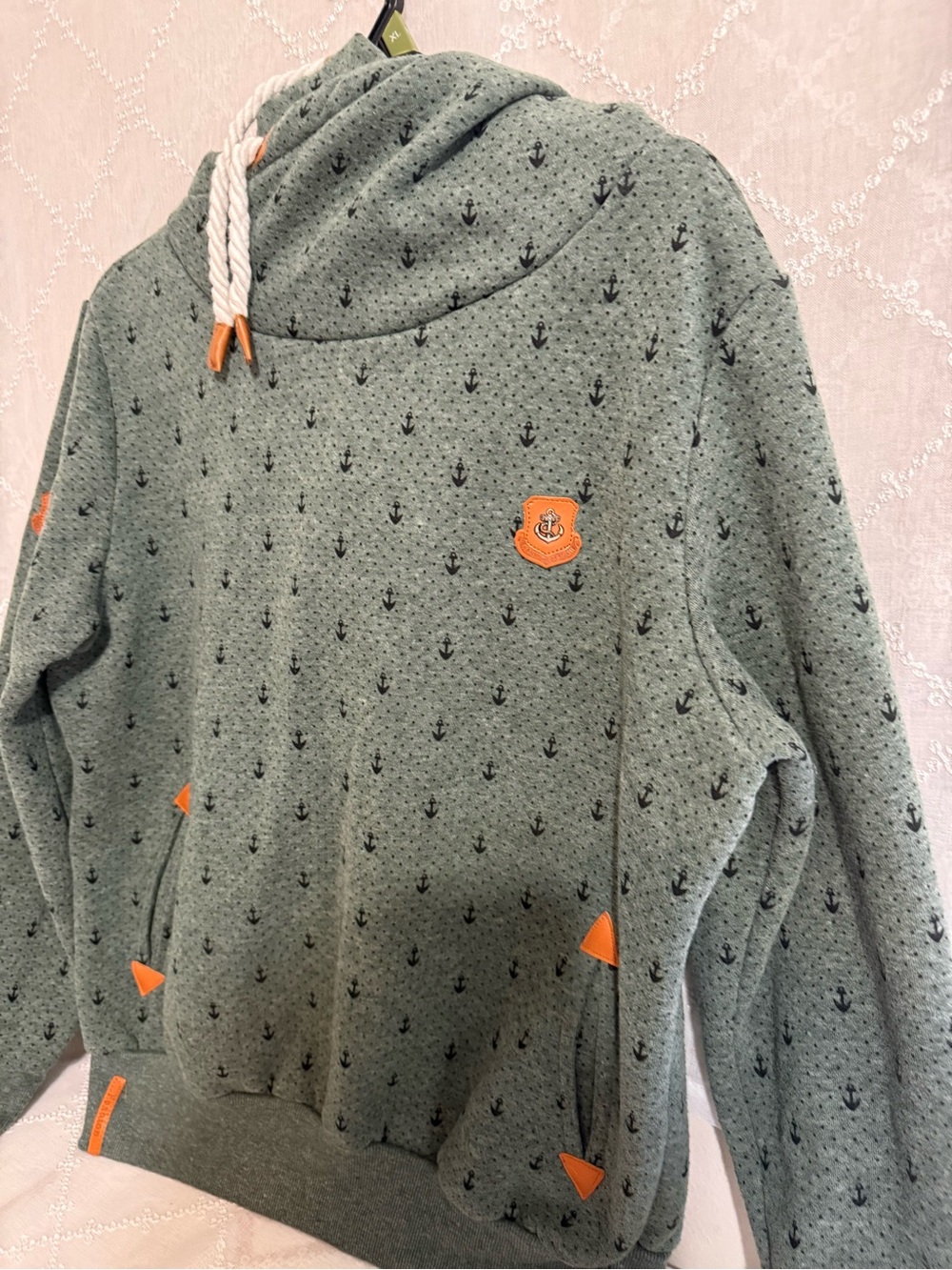 Zanzea Green Anchor-Print Kids Hoodie with Orange Accents